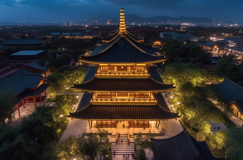 高视角拍摄夜晚寺庙建筑灯光,高清,摄影图,摄影图片,图片大全,摄影图免费下载